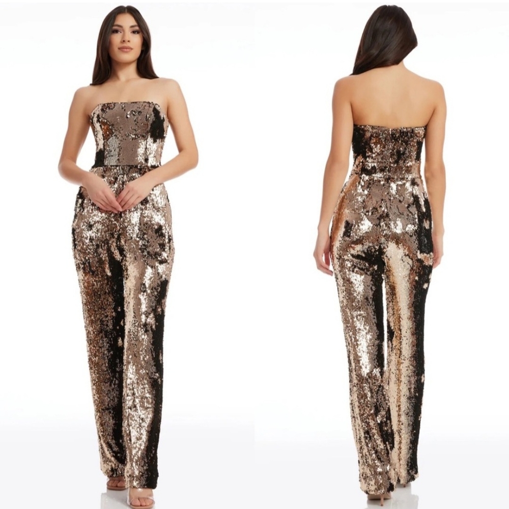 DRESS THE POPULATION Sequin Strapless Jumpsuit in Gold